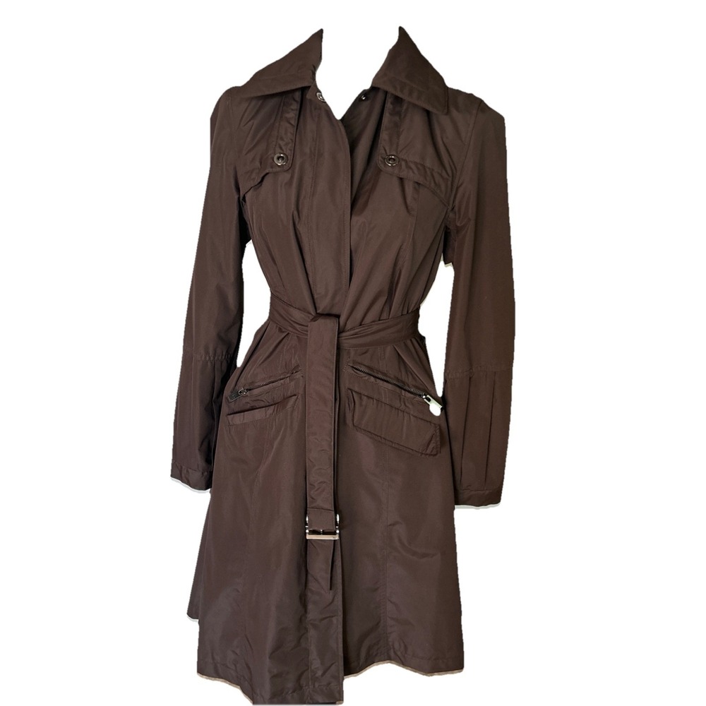 LULU BRAVO Pleated Belted Hooded‎ Pea Coat Jacket Rain XS (4-6) Chocolate Brown